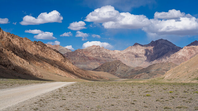 Scenic mountain landscape view along famous high-altitude Pamir Highway aka M41, Murghab, Gorno-Badakhshan, Tajikistan