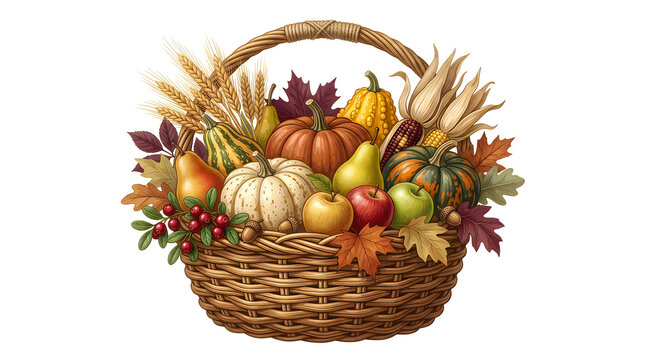 Wicker basket filled with autumn harvest including pumpkins gourds apples pears and colorful fall leaves on white background