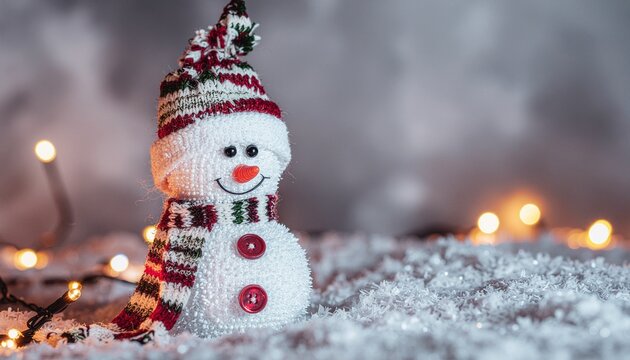 ニット帽とマフラーを身につけた手編みの可愛い雪だるまと暖かなクリスマスライト