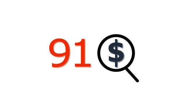 91 dollar price tag with magnifying glass animation for e-commerce and financial marketing search discount