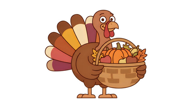 Cute cartoon turkey holding a large bowl of festive thanksgiving food on a plain white background