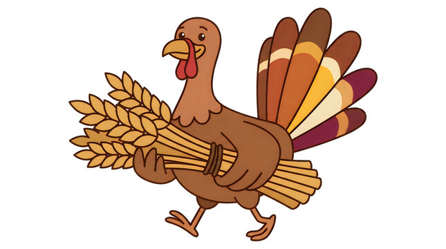 Cartoon illustration of a brown turkey holding a bundle of wheat stalks on a white background