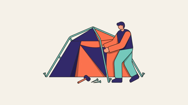 Man assembling camping tent in minimalist flat illustration