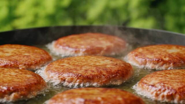 Round burger patties sizzle in a dark frying pan while hot oil bubbles around browned surfaces and wisps of steam rise before a softly blurred green leafy background
