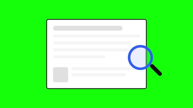 Document search magnifying glass animation on green screen background for review and analysis