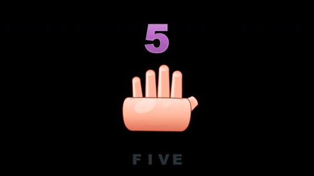 Playful educational finger counting animation for kindergarten and preschool children. A friendly cartoon hand raises fingers one by one while numbers and English words reveal to teach counting from 1