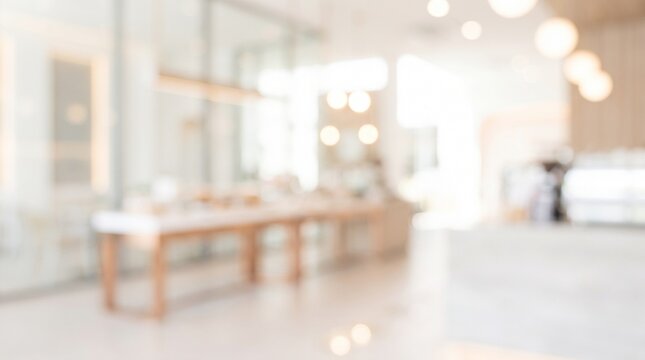 Blurred background of modern minimalist cafe interior with bright warm lighting
