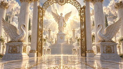 Fototapeta premium Golden heavenly gates with angel statue and marble swans