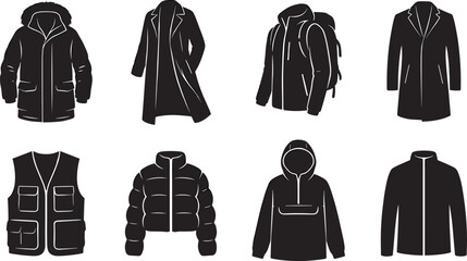 Set of outdoor clothing and winter jacket icons featuring parkas, trench coats, vests, and casual outerwear silhouettes © Manik