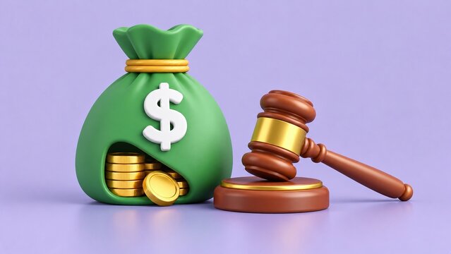 3D illustration of a green money bag with gold coins and a wooden judge gavel symbolizing legal fees, fines, court costs, and law