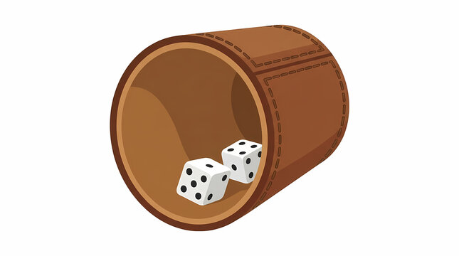Two white game cubes resting inside a brown leather cup for rolling dice during tabletop fun activities where people decide their luck by shaking the container and hoping for a winning number