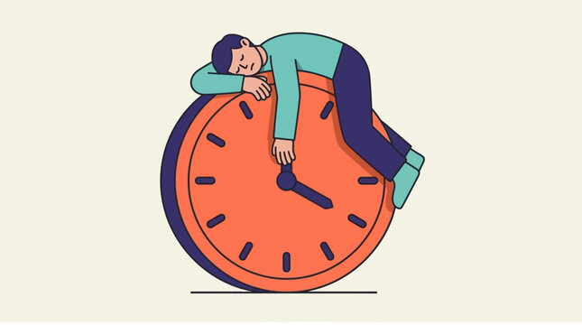Man sleeping on top of a giant analog clock vector illustration