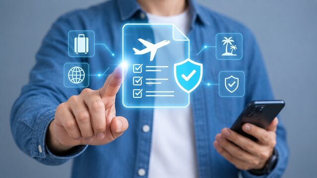 Travel insurance and booking concept with digital icons, flight tickets, and safety shield for secure vacation planning