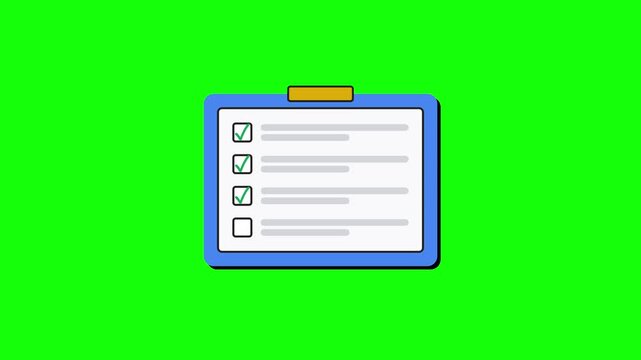 Clipboard checklist animation with checked items on green screen chroma key for task management