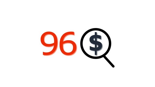 96 dollar price tag with magnifying glass animation for e-commerce and financial marketing search discount