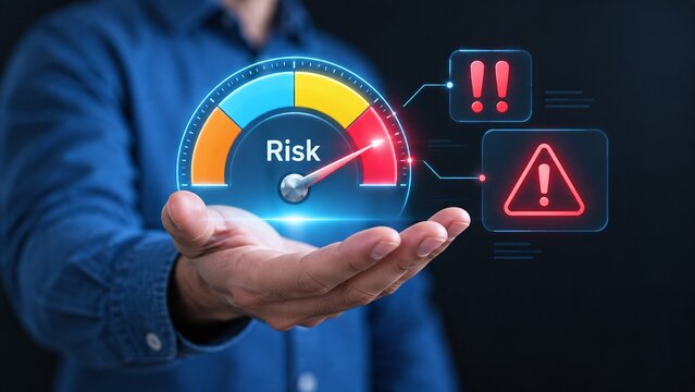 Businessman holding virtual risk meter gauge showing high danger level with warning symbols for business risk assessment and analysis