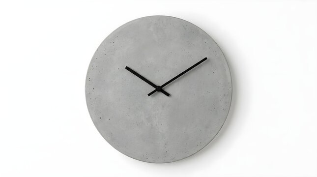 Front view of modern minimalist circular grey concrete cement wall clock with simple black hands isolated on white wall background for interior home office decor. 