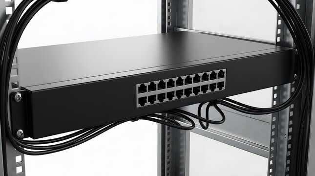Studio close up of black network switch ethernet patch panel with rj45 ports and connected cables mounted in industrial telecommunication server rack cabinet. 