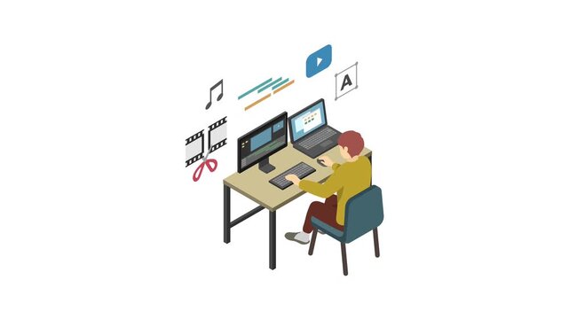 アイソメトリックイラストアニメーション：PCで動画編集する男性