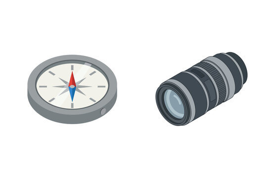 Isometric Vector Set Featuring A Classic Magnetic Navigation Compass And A Modern Zoom Optical Lens