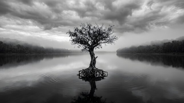 Lonely solitary tree reflection in calm water during twilight