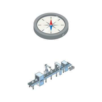 Isometric Vector Illustration Featuring a Navigation Compass and Industrial Automated Conveyor Belt