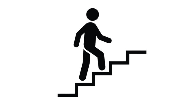 Minimalist black vector graphic showing stick figure character walking up stairs representing progress and career success