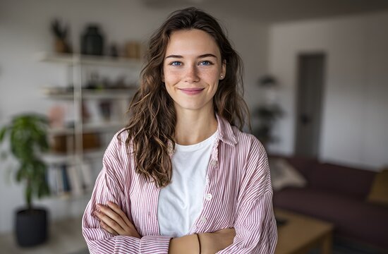 Retrato de Mujer Joven Sonriente con Cabello Ondulado y Camisa a Rayas en Oficina en Casa para Redes Sociales y Blogs de Estilo de Vida