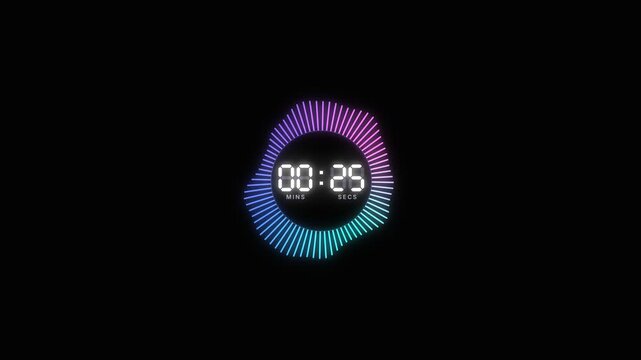 Animated 30 second countdown timer with neon gradient radial dial and digital minutes seconds display on black, stream starting soon intro loop clip