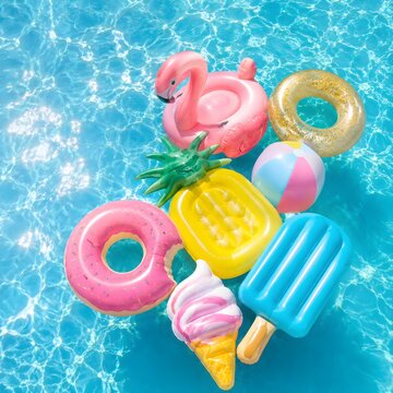 Inflatable pool floats without logos clustered together in sparkling turquoise swimming pool water