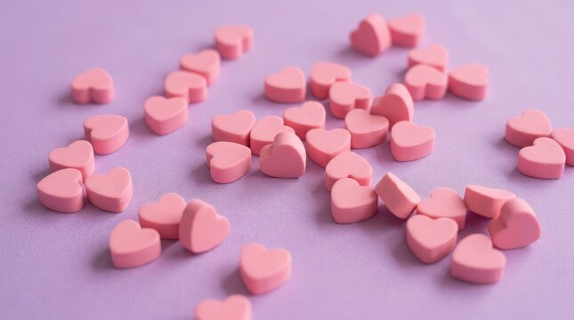 Pink heart shaped candies on purple background