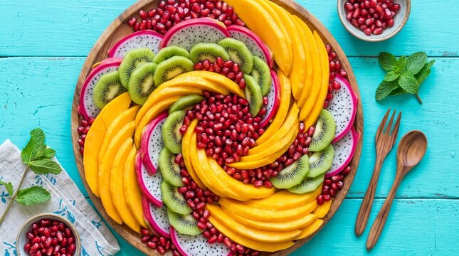 Tropical fruit platter with mango, kiwi and dragon fruit. Colorful exotic fruit salad on blue wooden table. Healthy vegan snack.