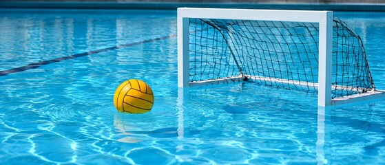 Fototapeta premium Water polo ball floating beside an empty pool goal in clear blue water