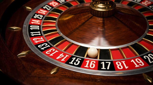 Wooden Casino Roulette Wheel Spinning With A Small Ball Resting On The Number Sixteen Slot During A High Stakes Gambling Game Inside A Luxury Gaming Hall Where Players Place Bets To Win Big Money