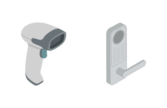 Isometric Vector Set Featuring a Modern Barcode Scanner and Electronic Keypad Door Lock System