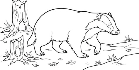 Woodland badger contour drawing featuring a wild foraging mustelid walking near tree stumps and fallen autumn leaves, vector asset © XENEXARTS