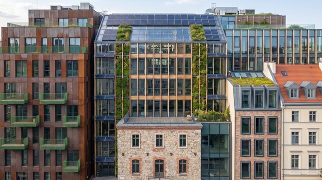 Modern sustainable architecture in contemporary downtown, creative renovation of historic facades, featuring congress hall, office building, and old town residential district