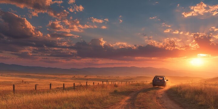 Scenic Rural Landscape with Vehicle on Dirt Road during Breathtaking Sunset in Open Fields