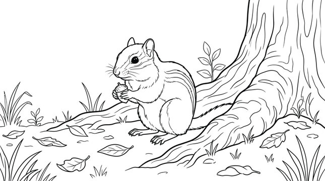 Woodland chipmunk contour drawing featuring a striped ground squirrel holding an acorn beside large tree roots and fallen leaves, vector asset