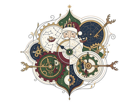 Intricate christmas clockwork illustration featuring santa claus with mechanical gears and clock parts in a detailed festive holiday design holiday season old fashioned