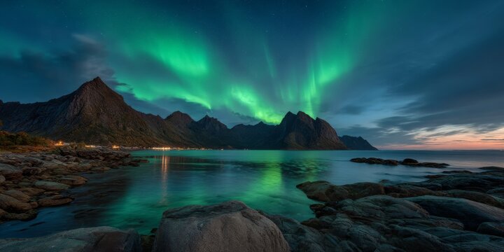 Mesmerizing Aurora Over Coastal Landscape with Dramatic Mountains and Reflective Water Surface at Twilight