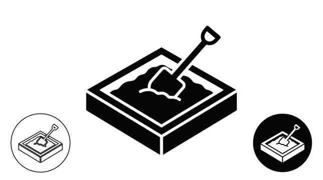 Minimalist isometric vector illustration featuring a sandbox with shovel icon for children playground equipment design sets