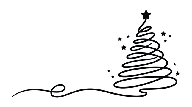 A minimalist vector line art drawing of a festive christmas tree silhouette with a star on top, perfectly capturing the winter holiday spirit for greeting card