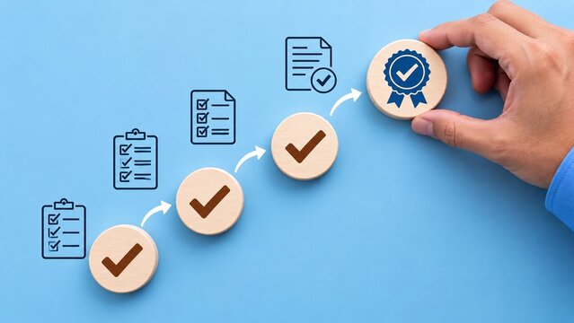 A hand arranges wooden blocks showing a step-by-step business progress journey with checkmarks and a final achievement certificate