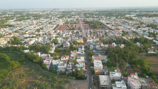 Aerial view of Sri Ranganatha Swamy Temple, The temple is located in Srirangam, Tiruchirappalli, Tamil Nadu, India.