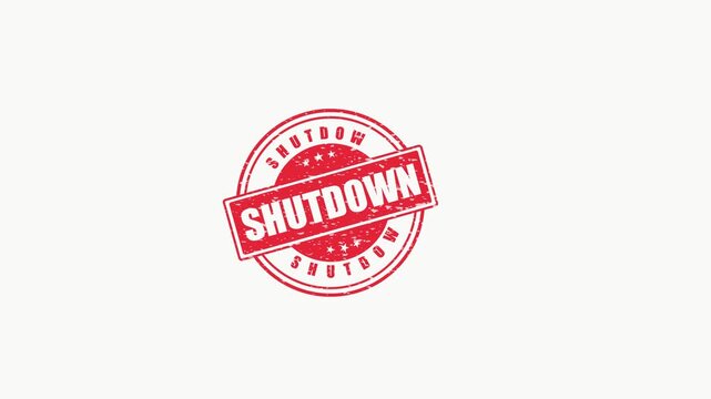 Red circular stamp with the word SHUTDOWN in bold white letters across a red banner