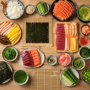 Sushi making ingredients and bamboo mats arranged neatly around a communal preparation table
