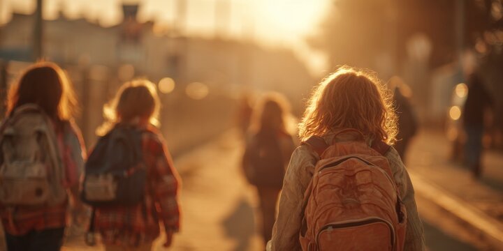 Children Walking Together with Backpacks in a Sunny Outdoor Environment