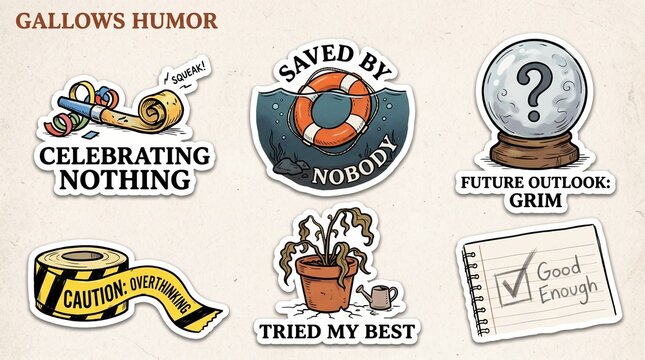 Gallows humor sticker set, cynical mental health illustrations, dark comedy badges with sarcastic quotes, 6 ironic decals