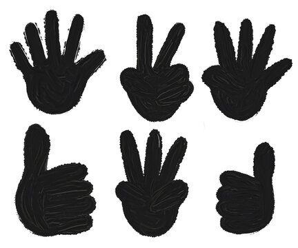Hand-drawn hand gesture and finger counting vector icons set in black silhouette
